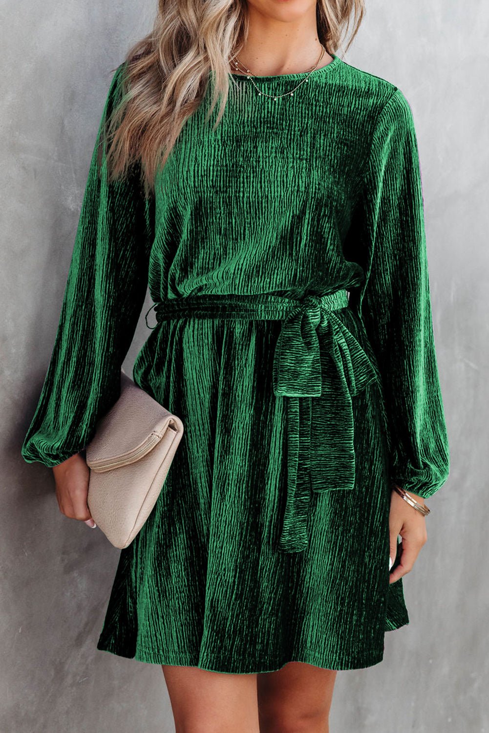 Velvet Tie Waist Dress- Green - Mercantile213