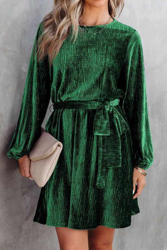 Velvet Tie Waist Dress- Green - Mercantile213