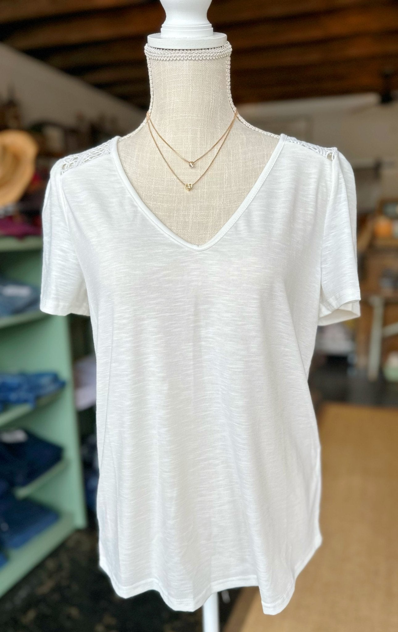 White VNeck Top with Lace Back - Mercantile213