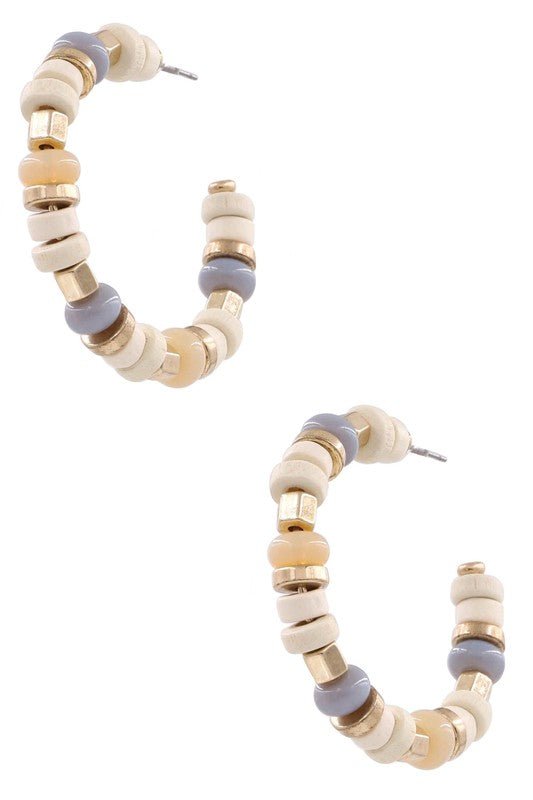 Wood Bead Stone Hoop Earrings - Mercantile213