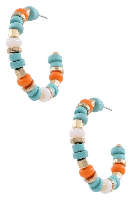 Wood Bead Stone Hoop Earrings - Mercantile213